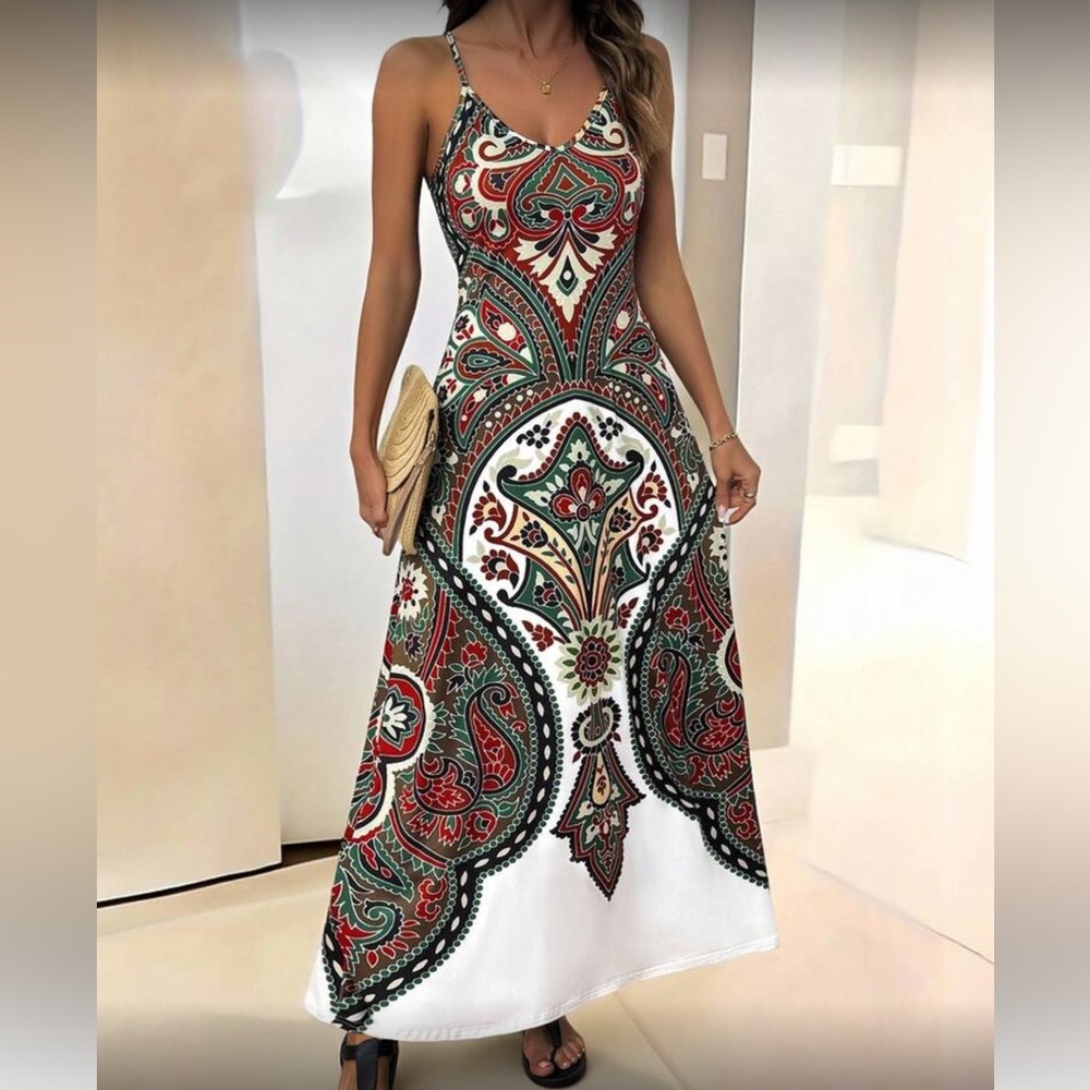 Floral White and Green Maxi Dress - Picture 1 of 5